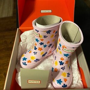 Hunter Kids Pink Boots with Colorful Floral Design